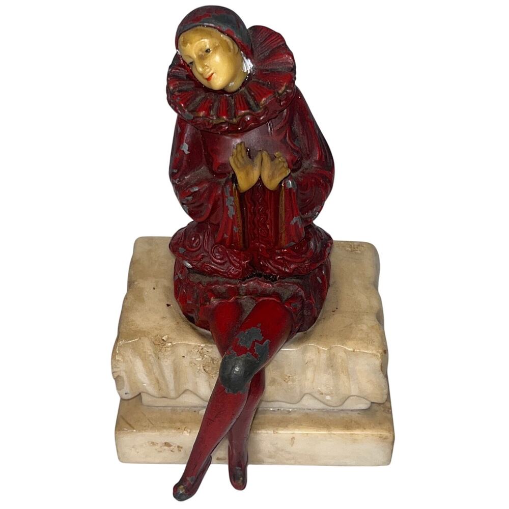 Vintage Art Deco Pierrot Harlequin Clown Figurine Alabaster Marble Base 6"